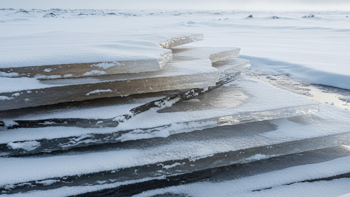 Close view of stacked lake ice the colour of weak tea and white, sharp edged, meltwater between the plates