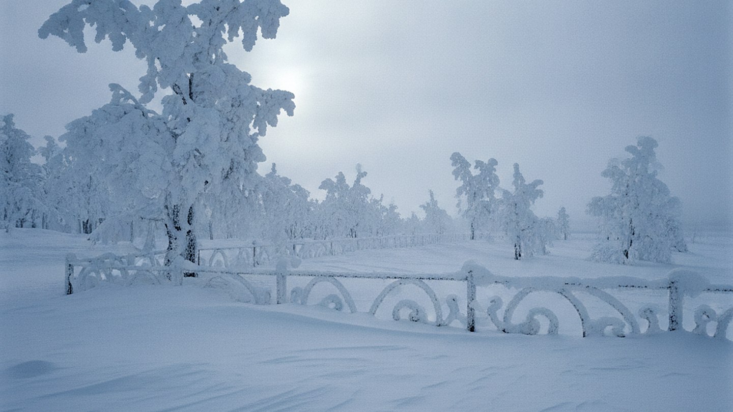 Gnarled shapes of trees and railings under thick white rime ice in cold blue light