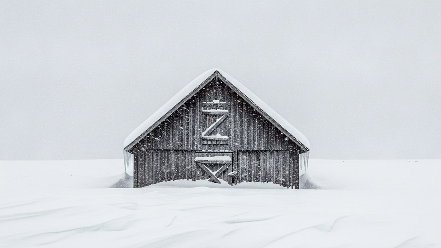 A wooden barn almost buried in deep snow with only the roof line and one door showing under flat white light
