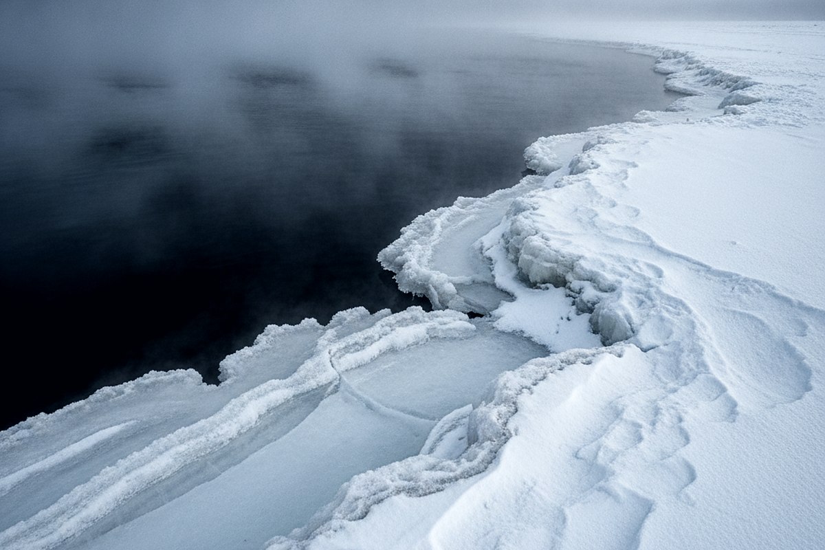 Black open water steaming in the cold beside a shelf of white lake ice