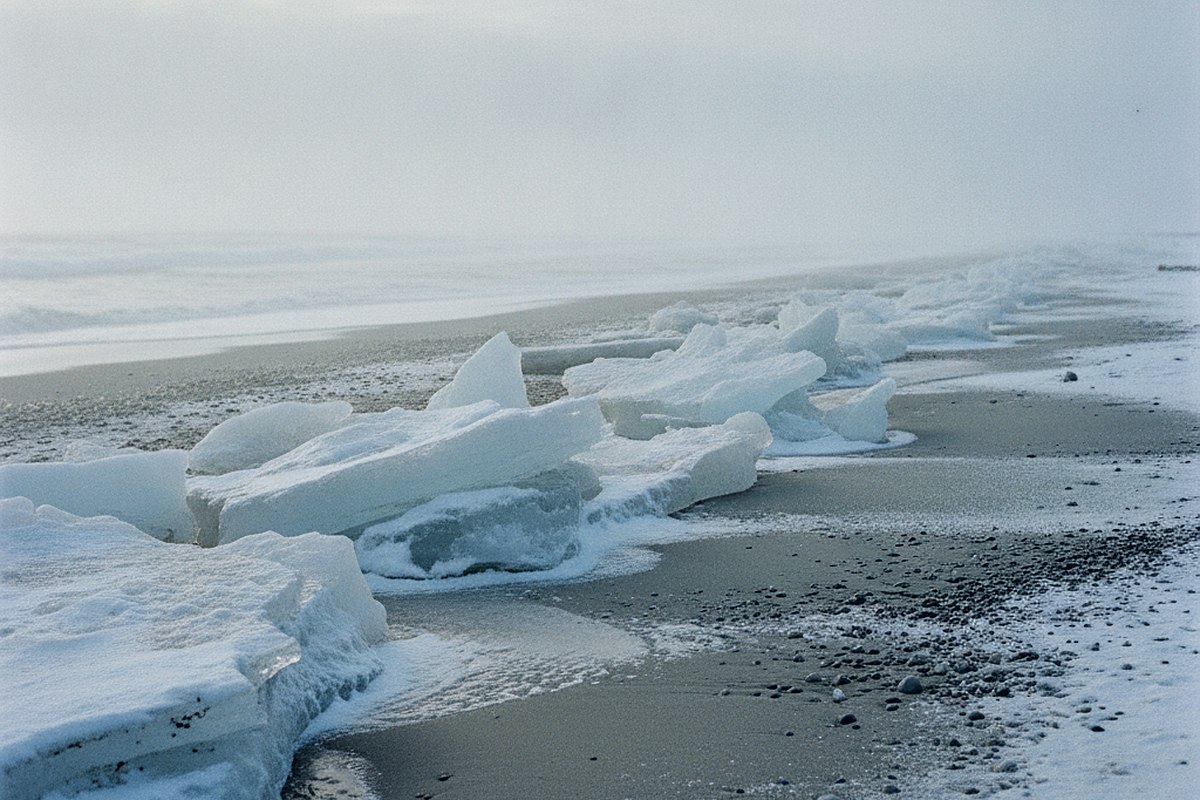 Ice fragments washed up along a grey beach, pale and translucent