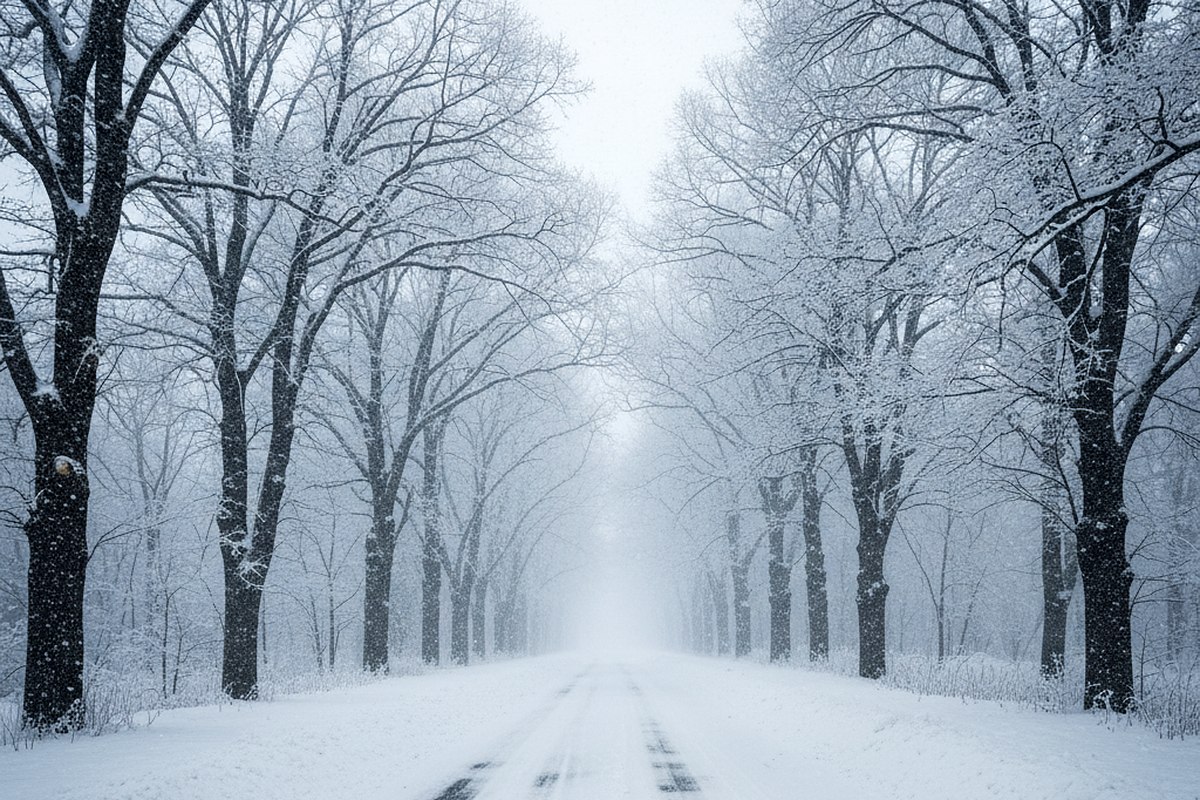 A narrow snowy road disappearing into falling snow between dark trees