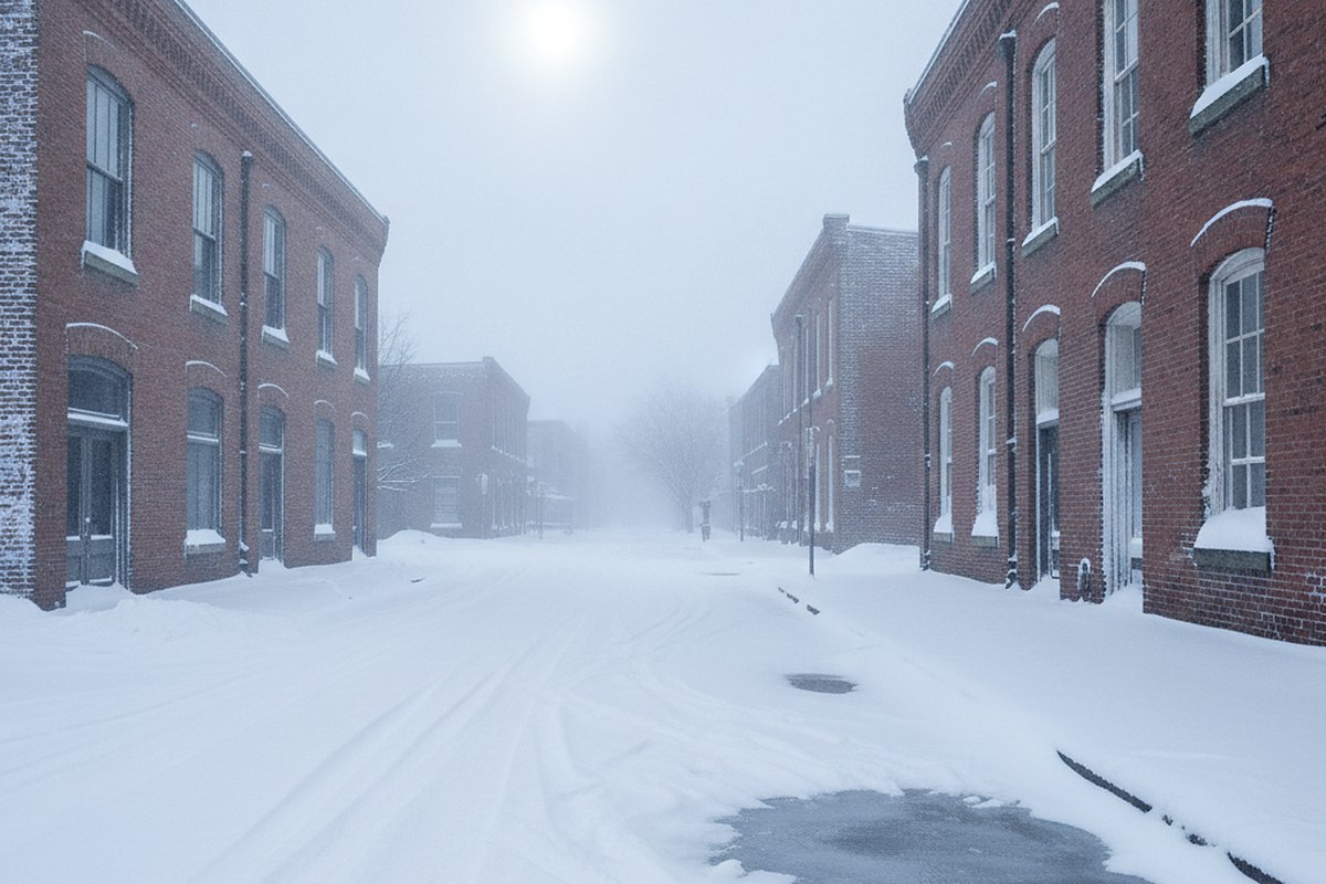A snow covered street of low brick buildings in an old industrial city under flat winter light