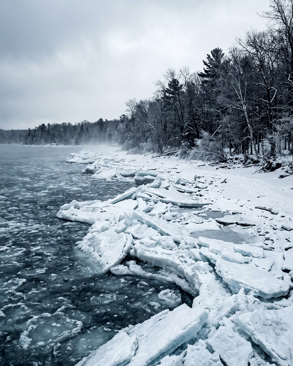 A tall view of a frozen Great Lakes shoreline with ice shoved into jagged plates along the water line