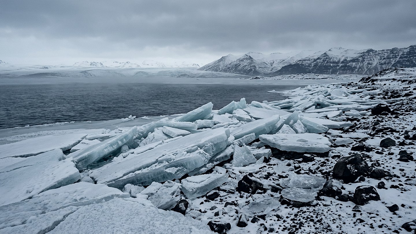 A frozen lake shoreline with huge tilted plates of pale ice pushed up against the shore under a flat grey sky
