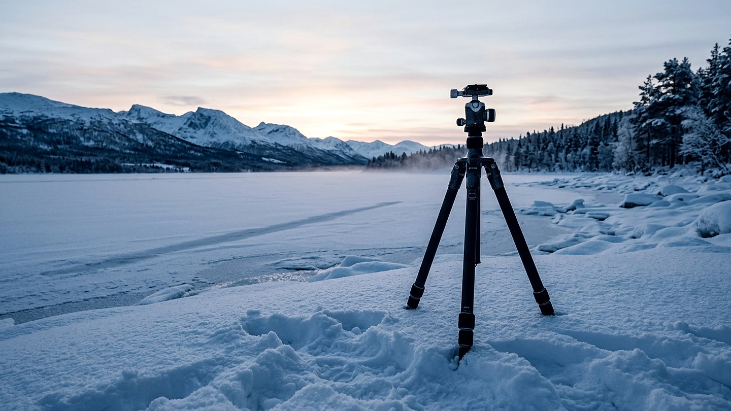 A tripod standing alone in deep snow on an open lakeshore at first light with a long shadow